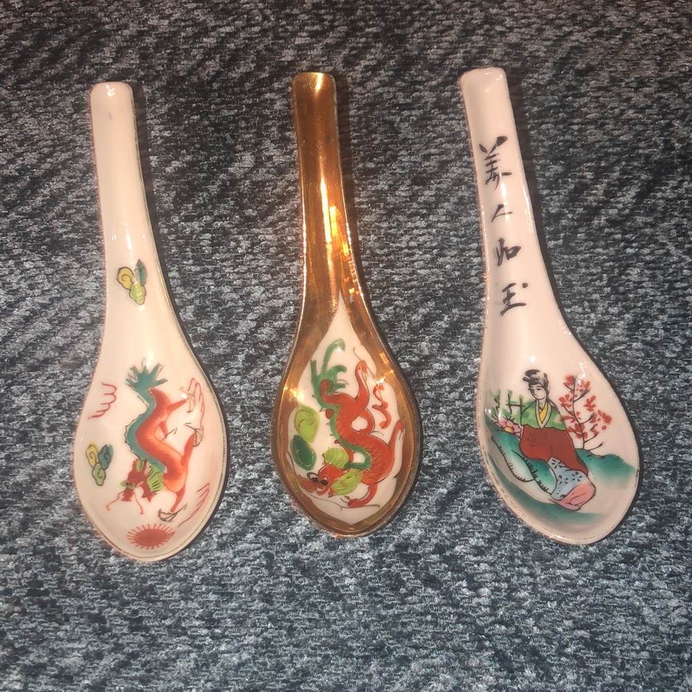 Set of Three Decorative porcelain Soup Spoons